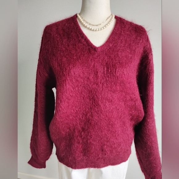 Shag-a-Mo Virgin Wool V-Neck Sweater Burgundy Curt Cobain Vintage 60s Size Med - Picture 2 of 11